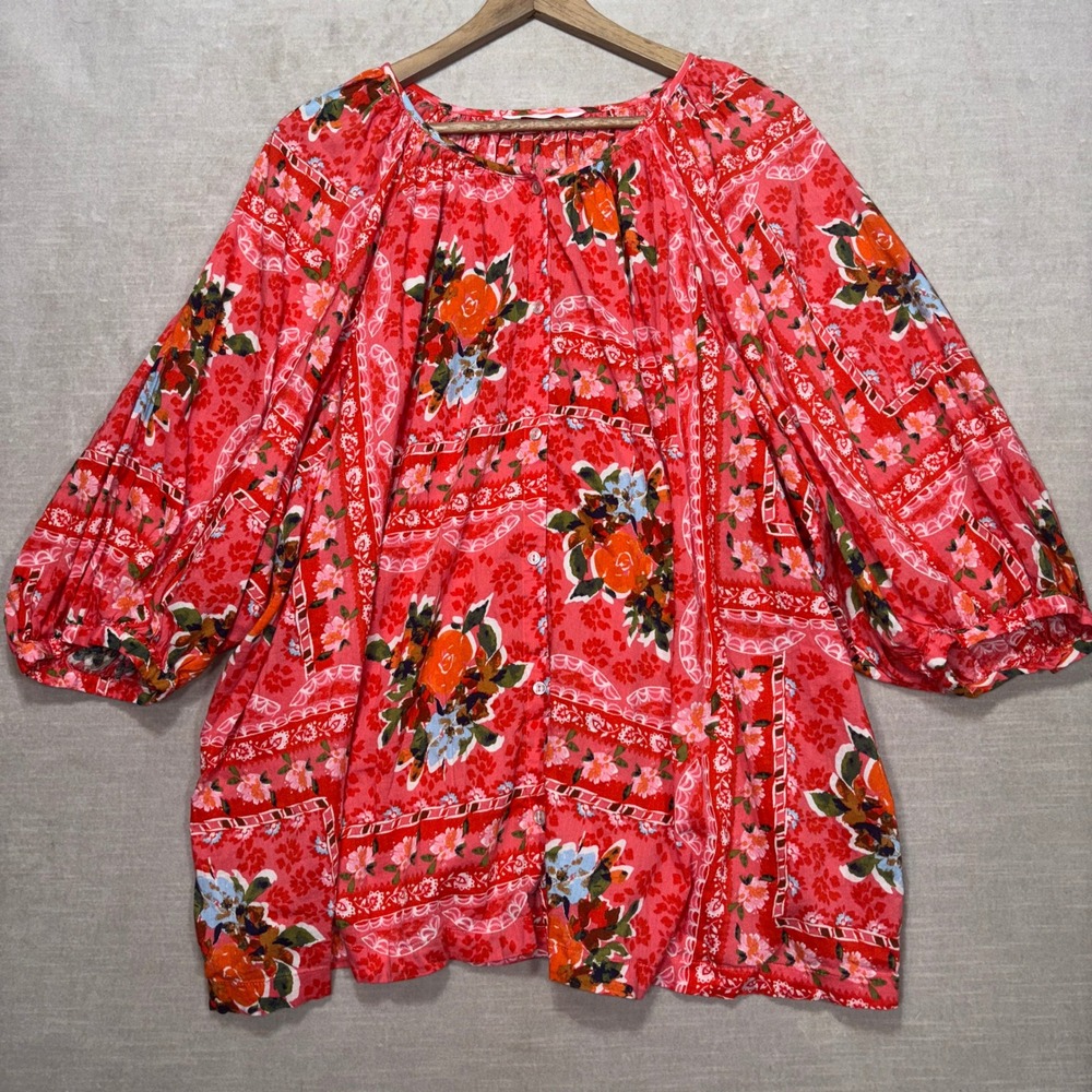 Lauren Conrad‎ LC Boho Floral Print Balloon Sleeve Tunic Top Plus Size 3X Orange